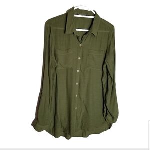 Cato Shirt Women's Large Button Front Green Roll Tab Long Sleeves Pockets